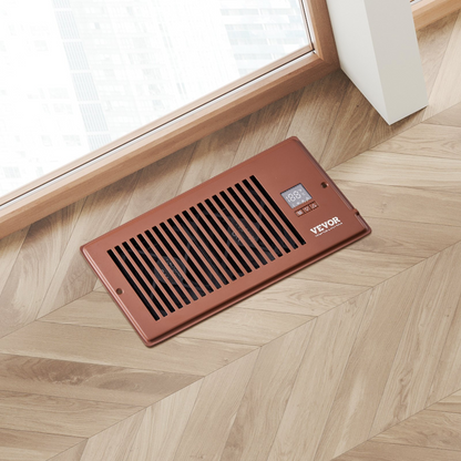 Start2Finish VEVOR Register Booster Fan in brown, with remote and thermostat control, adjustable speed for heating and cooling.