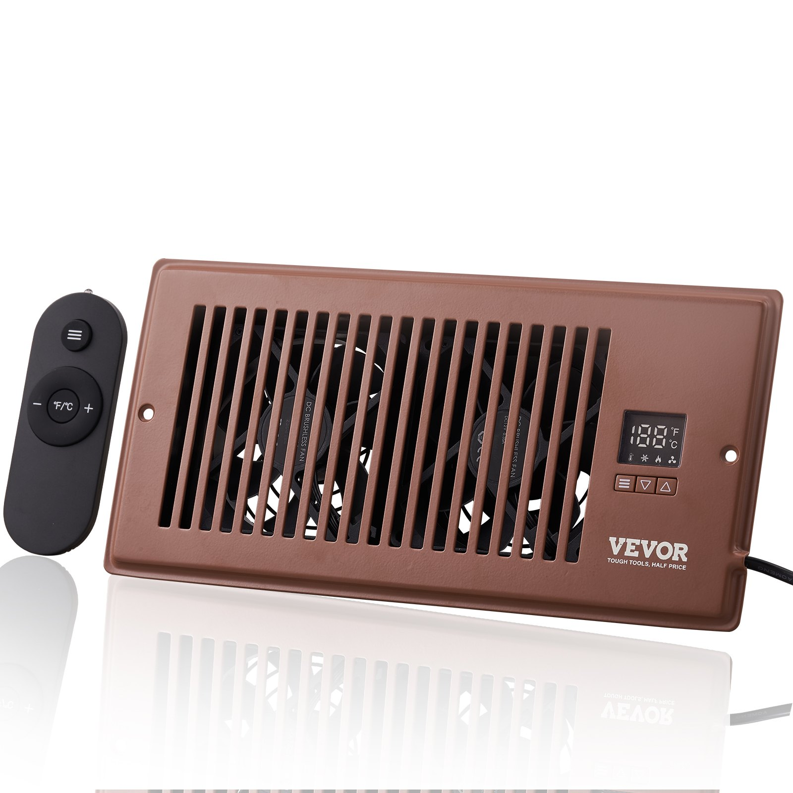 Start2Finish VEVOR Register Booster Fan with remote, thermostat, and adjustable speed in brown for 4x10 inch air vents.