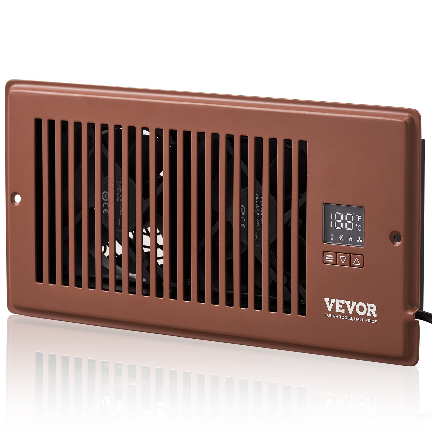 Start2Finish VEVOR Register Booster Fan in brown with remote and thermostat, adjustable speed for heating and cooling, fits 4x10 inch vents.