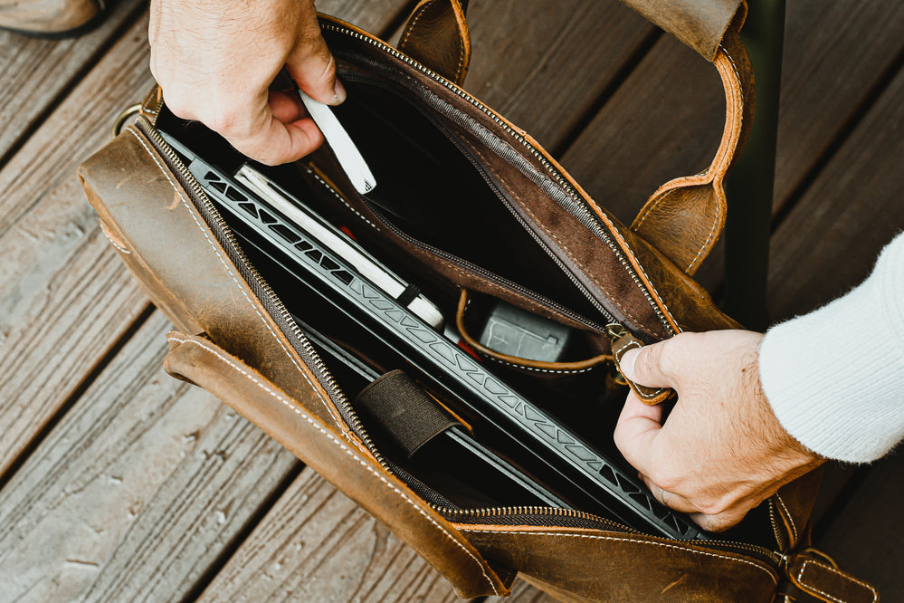 Vintage leather messenger bag, Start2Finish Welch Briefcase with adjustable shoulder strap and classic accessory design.