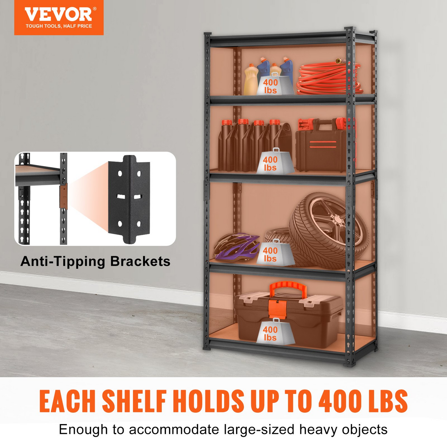 Heavy-duty VEVOR 5-tier adjustable metal shelving unit in black, 30" L x 12" W x 60" H, ideal for garage, pantry, or laundry storage.