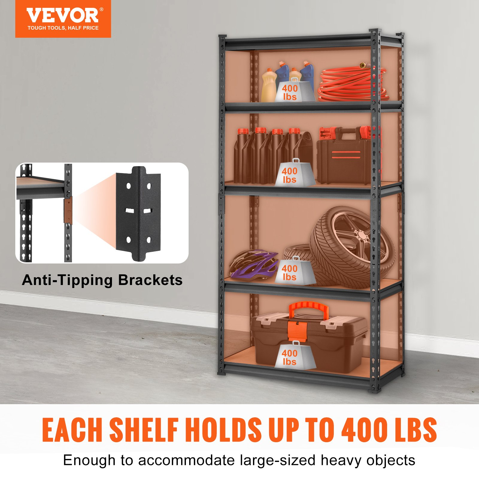 Heavy-duty VEVOR 5-tier adjustable metal shelving unit in black, 30" L x 12" W x 60" H, ideal for garage, pantry, or laundry storage.