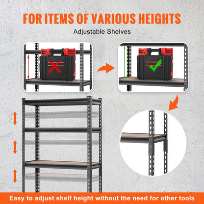 Heavy-duty black 5-tier VEVOR storage shelving unit with adjustable shelves and metal construction for garage, pantry, or laundry use.