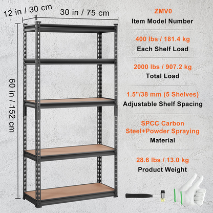 Start2Finish VEVOR 5-tier heavy-duty metal shelving unit, 2000 lbs capacity, black garage storage rack with adjustable shelves.