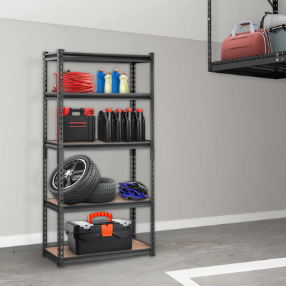 Start2Finish VEVOR 5-tier heavy-duty black metal shelving unit with adjustable shelves, 2000 lbs capacity, ideal for garage or pantry storage.