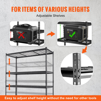 Start2Finish VEVOR 5-tier adjustable metal shelving unit in black, 60" long, 78" high, for garage, pantry, or laundry organization.