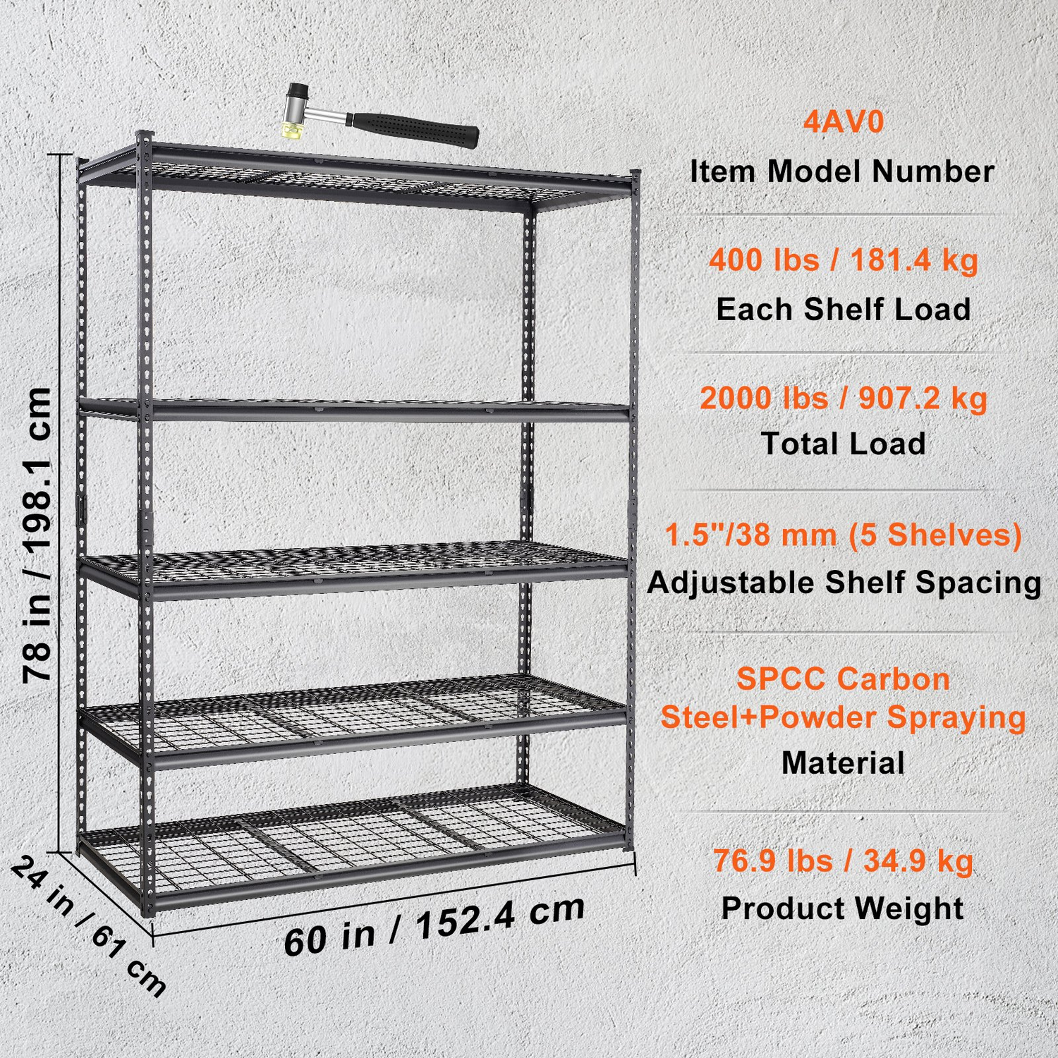 Start2Finish 5-tier VEVOR metal storage shelving unit with adjustable shelves, black heavy-duty garage wire rack, 60x24x78 inches