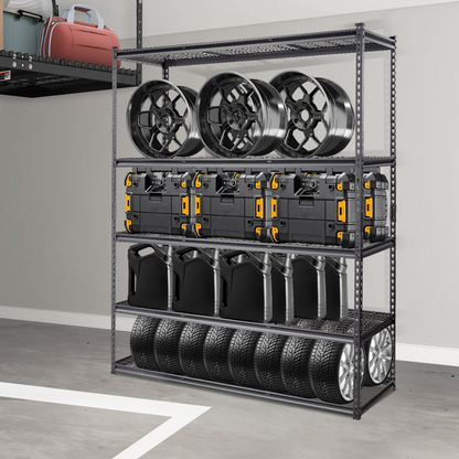 Start2Finish VEVOR 5-tier black heavy-duty metal storage shelving unit with adjustable shelves, 2000 lbs capacity for garage or pantry.