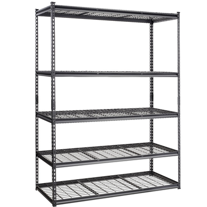 Start2Finish VEVOR 5-tier adjustable metal shelving unit with black finish, 2000 lbs capacity, suitable for garage, basement, or pantry storage.