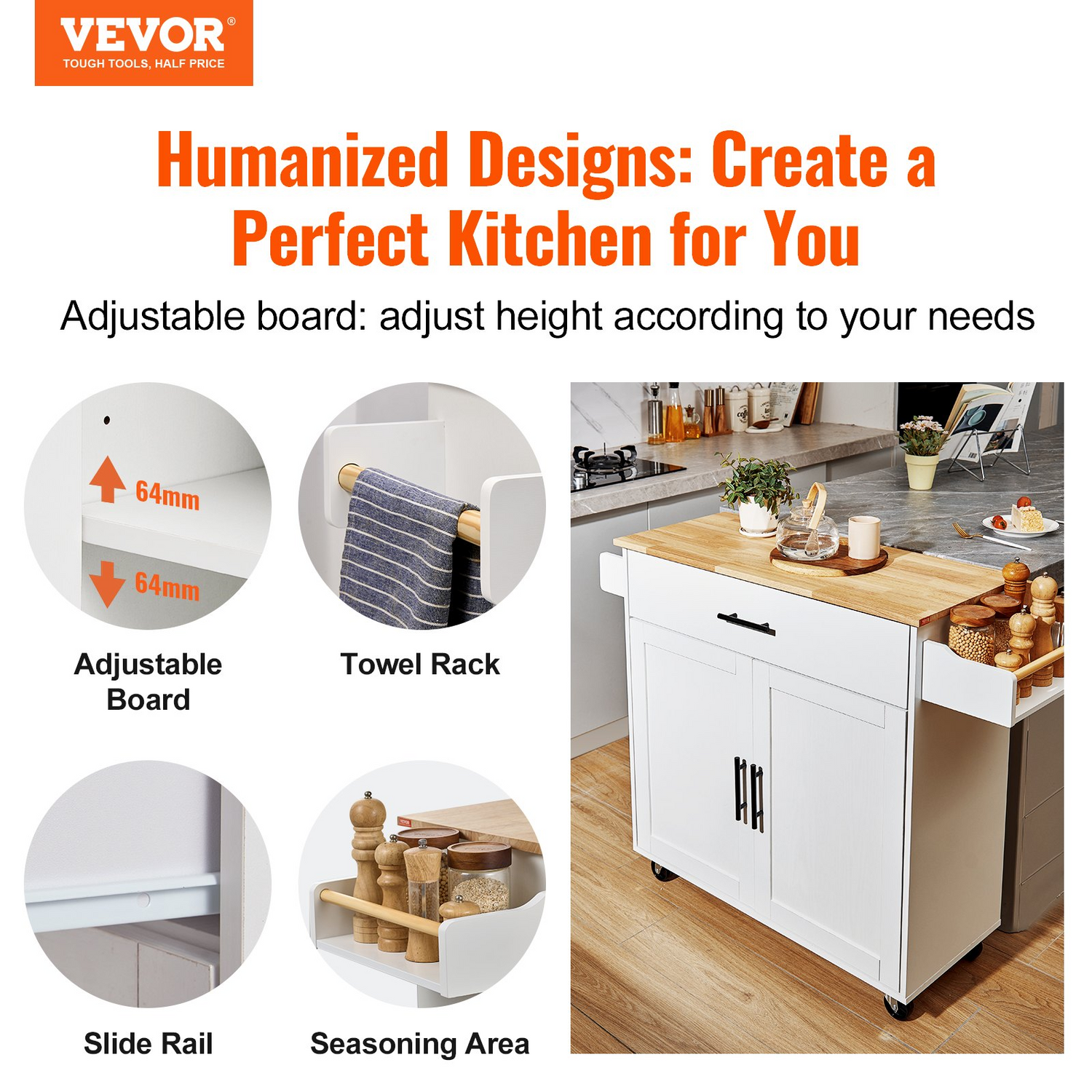 Start2Finish VEVOR kitchen island cart with solid wood top, white, on wheels, featuring storage cabinet, spice rack, towel rack, and drop leaf