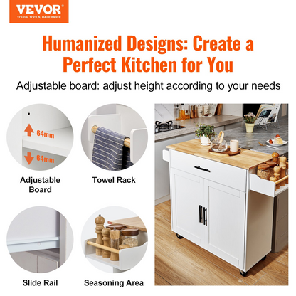 Start2Finish VEVOR kitchen island cart with solid wood top, white, on wheels, featuring storage cabinet, spice rack, towel rack, and drop leaf
