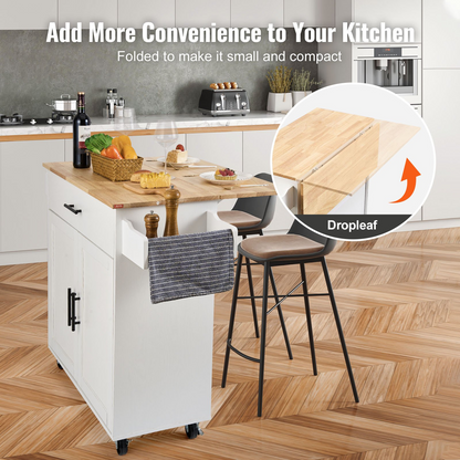 Start2Finish VEVOR kitchen island cart with solid wood top, white portable rolling cart with spice rack, towel rack, drawer, and drop leaf