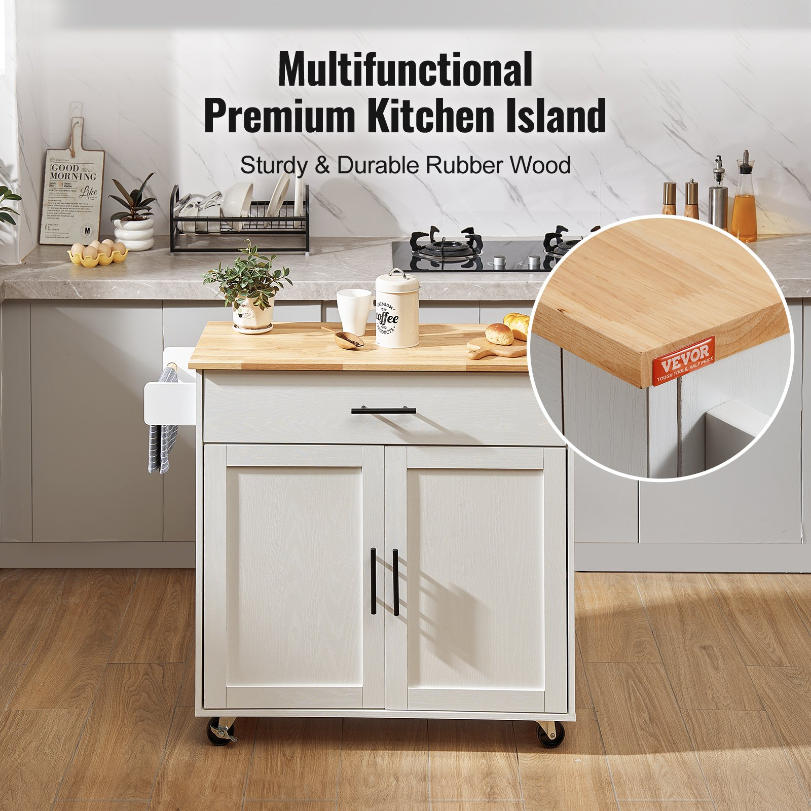 Start2Finish VEVOR kitchen island cart with solid wood top, storage cabinet, spice rack, towel rack, drop leaf, and wheels in white.