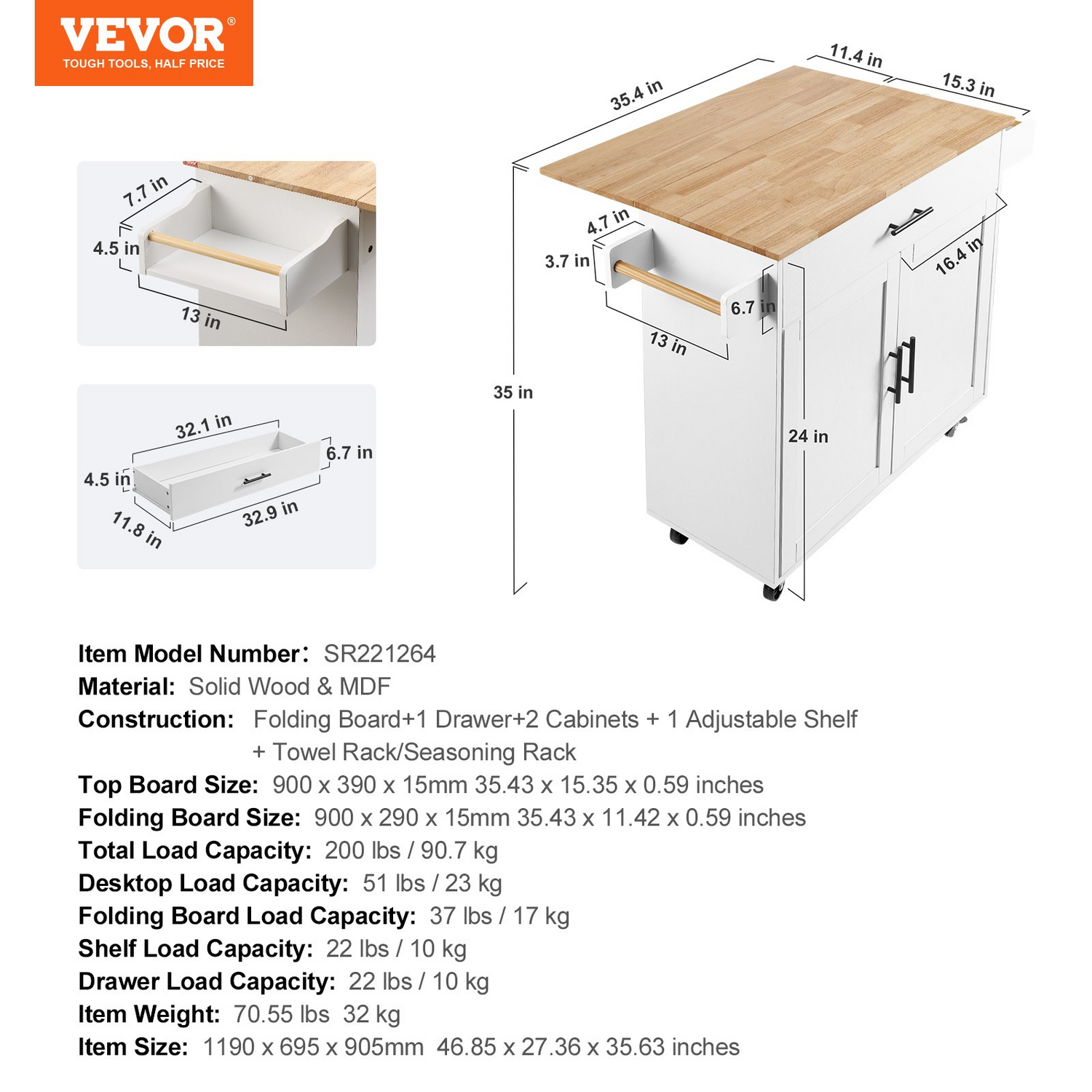 Start2Finish VEVOR white kitchen island cart with solid wood top, storage cabinet, spice rack, towel rack, drop leaf, and wheels.