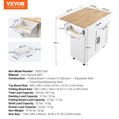 Start2Finish VEVOR white kitchen island cart with solid wood top, storage cabinet, spice rack, towel rack, drop leaf, and wheels.