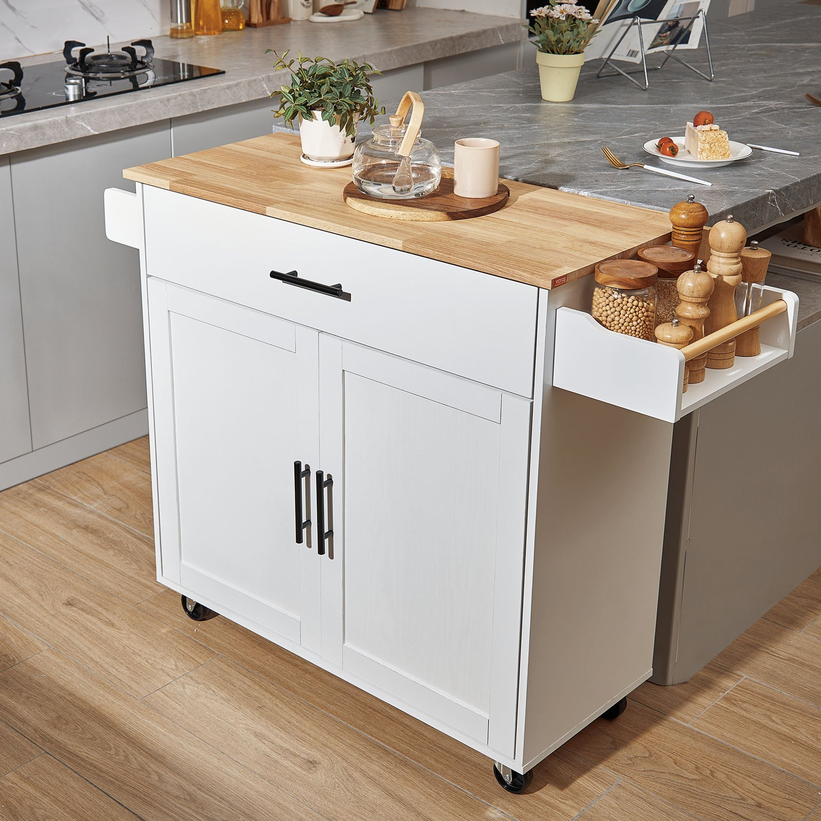 Start2Finish VEVOR kitchen island cart with solid wood top, storage cabinet, spice rack, towel rack, drop leaf, and wheels in white.