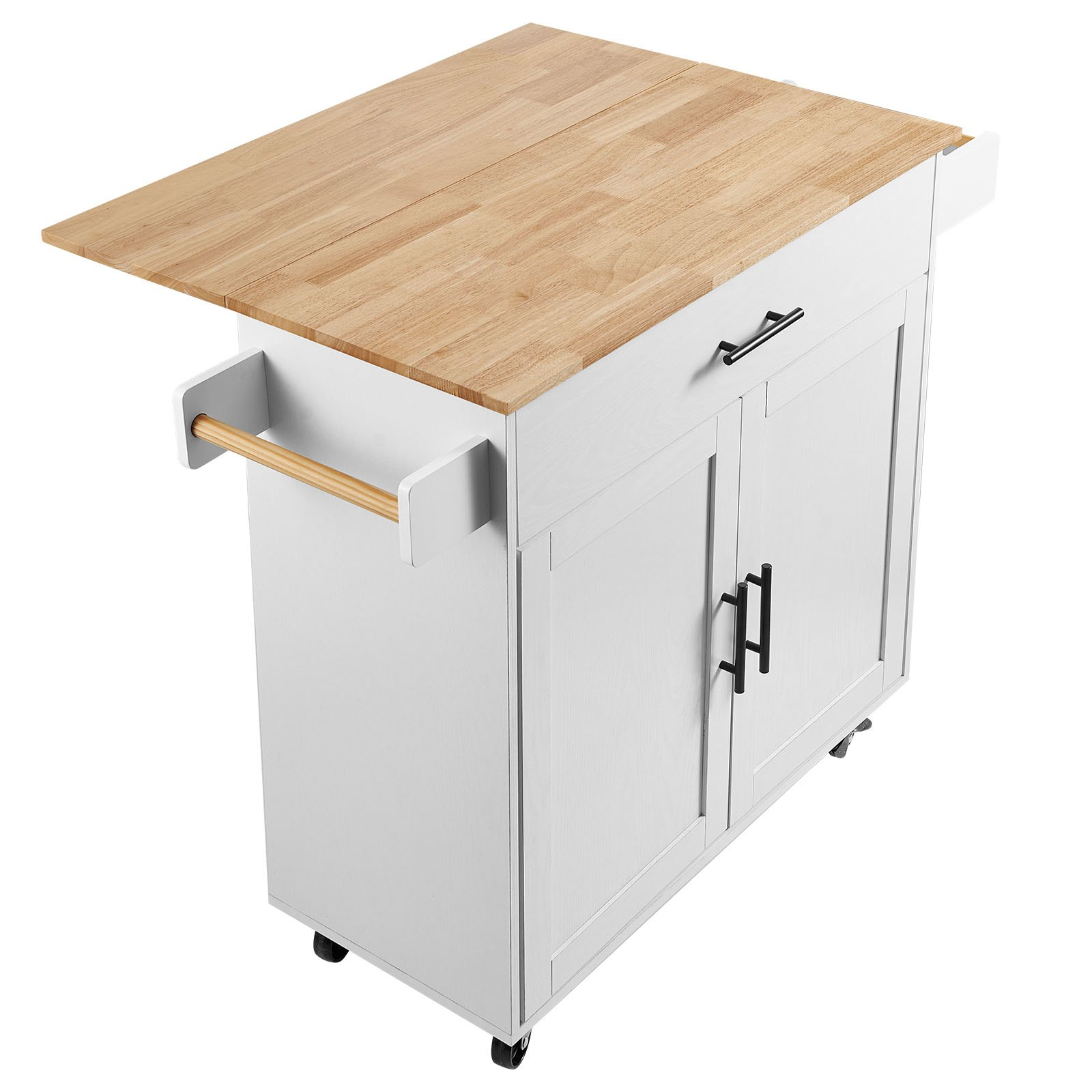 Start2Finish VEVOR kitchen island cart with solid wood top, storage cabinet, spice rack, towel rack, drop leaf, and wheels in white.