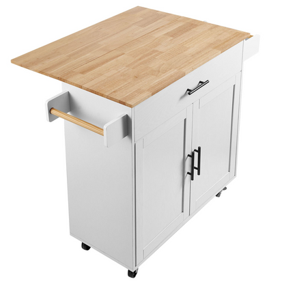 Start2Finish VEVOR kitchen island cart with solid wood top, storage cabinet, spice rack, towel rack, drop leaf, and wheels in white.