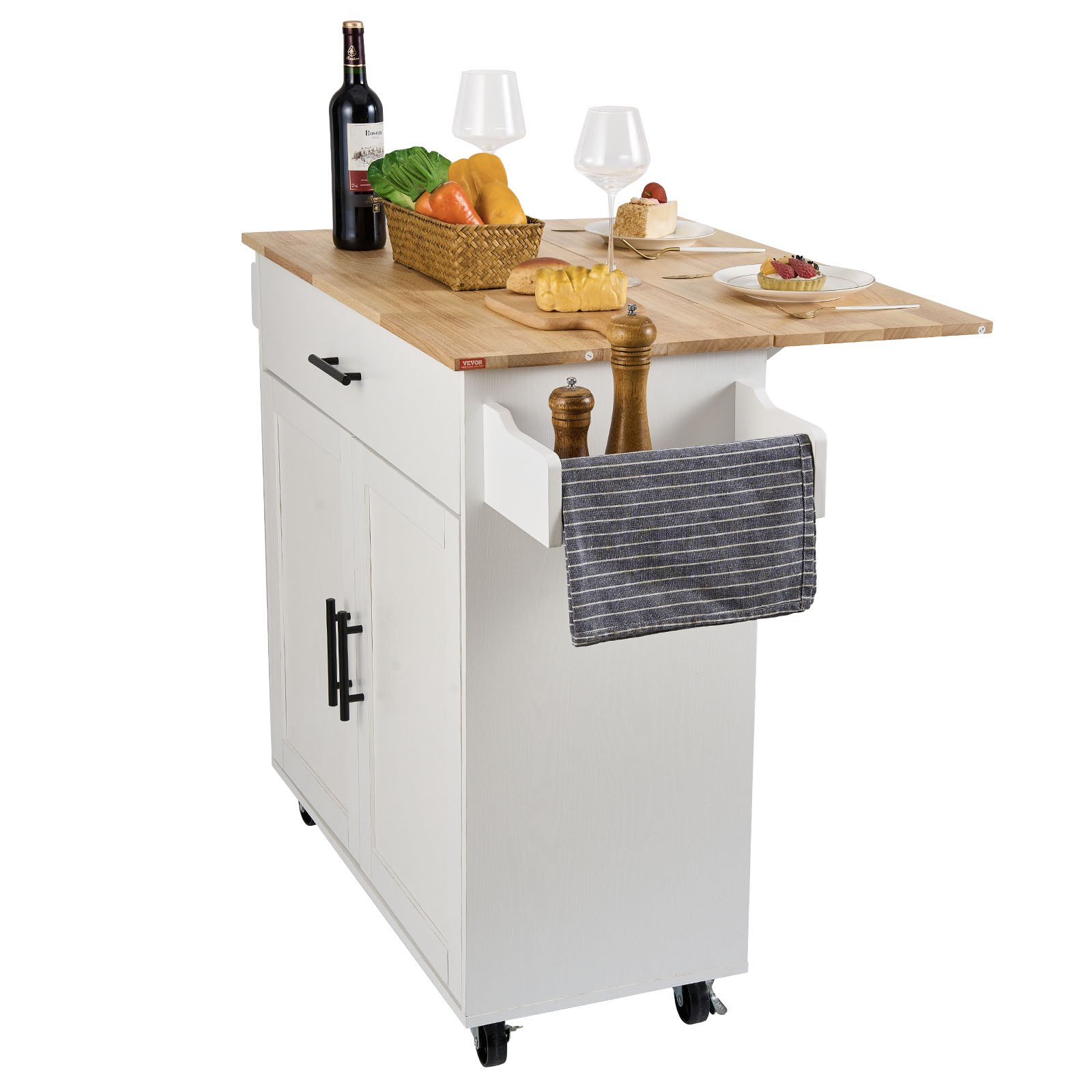 Start2Finish VEVOR white kitchen island cart with solid wood top, spice rack, towel rack, drop leaf, storage cabinet, and wheels.