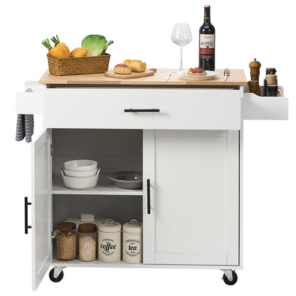 Start2Finish VEVOR kitchen island cart with solid wood top, storage cabinet, spice rack, towel rack, drop leaf, and wheels in white.