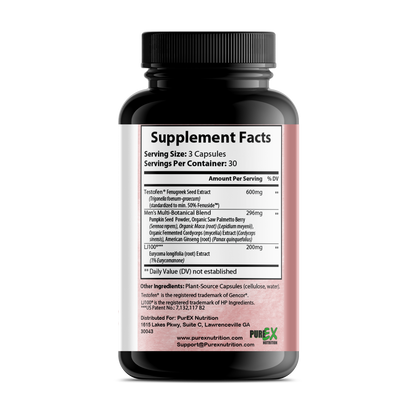 Bottle of Start2Finish Pure Testosterone supplement with label, white cap, and supplement capsules visible in the image.
