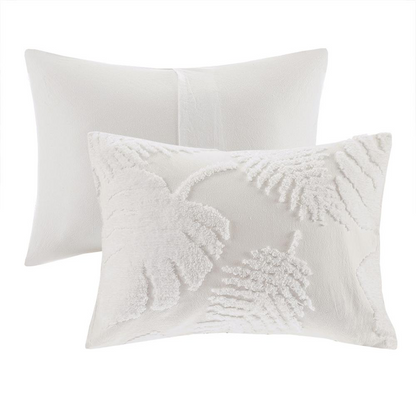Three-piece tufted cotton chenille palm bedding comforter set with matching pillow shams in a coordinated design.