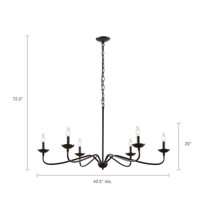 Start2Finish 6-light farmhouse metal chandelier with rustic design and black finish, hanging with exposed bulbs and chain.