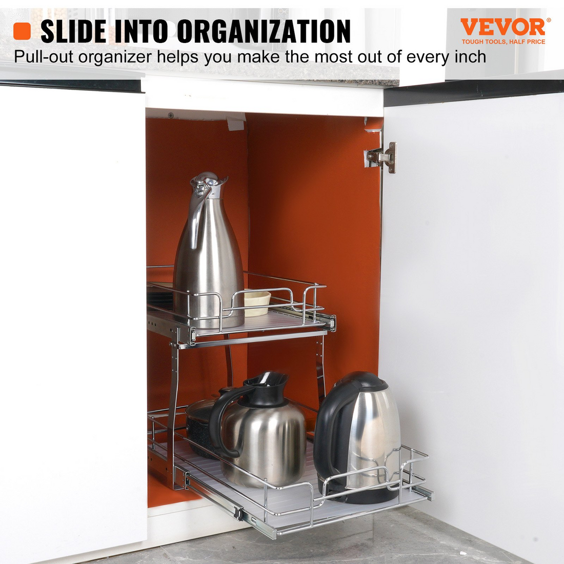 Start2Finish VEVOR 2-tier pull-out cabinet organizer with steel slide-out shelves for pantry storage.