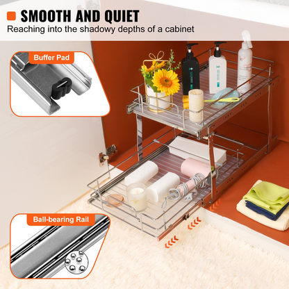 Start2Finish VEVOR 2-tier steel pull-out cabinet organizer with sliding drawers for pantry storage, measures 14"x21"x15".
