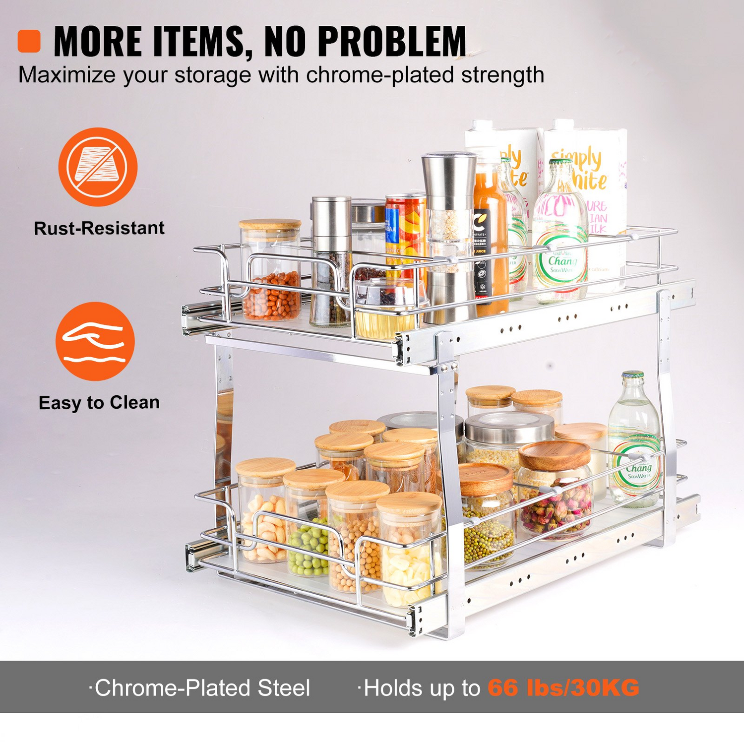 Start2Finish VEVOR 2-tier pull-out cabinet organizer with steel sliding drawers, ideal for pantry storage in home cabinets.