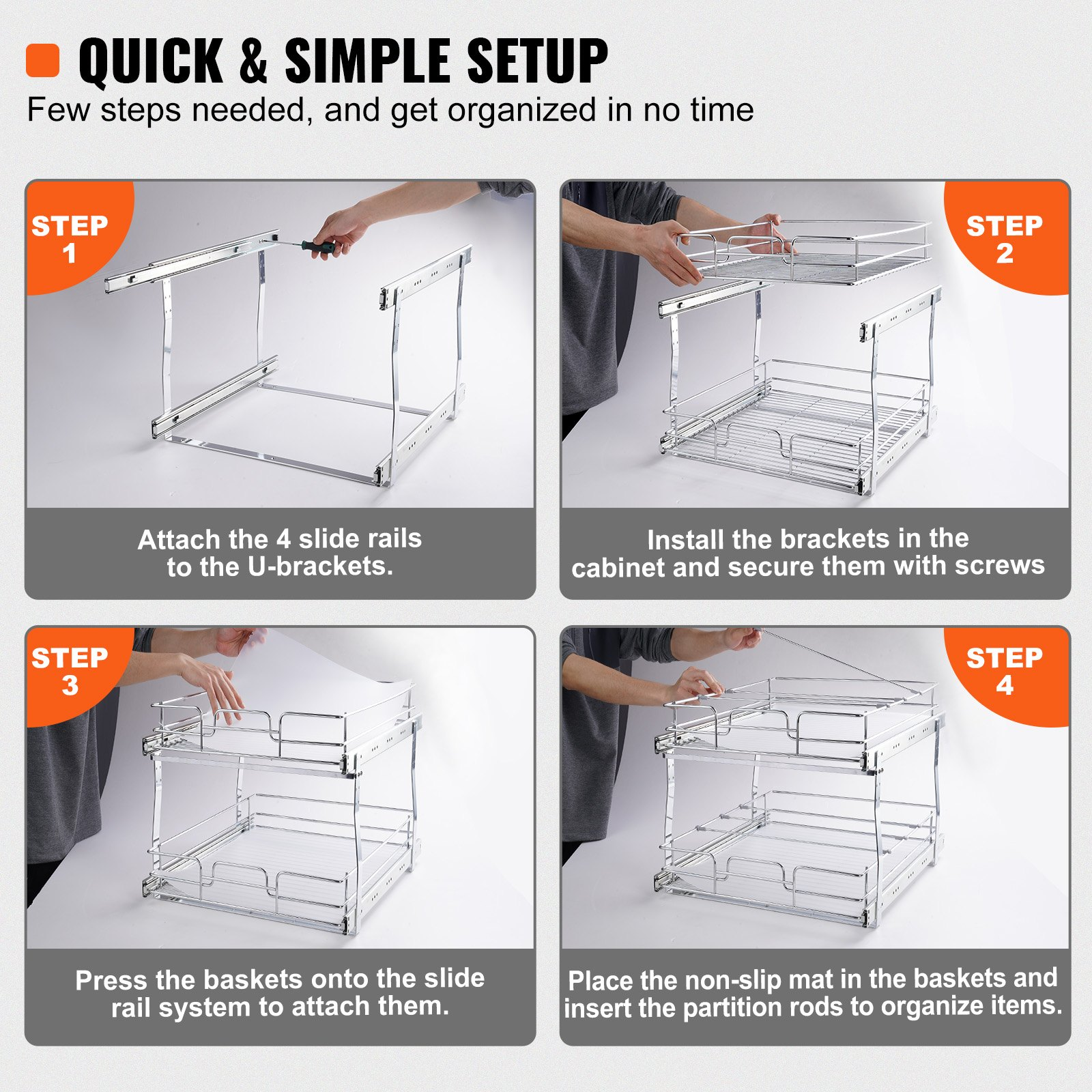 Start2Finish VEVOR 2-tier steel pull-out cabinet organizer with heavy-duty sliding shelves for pantry storage.
