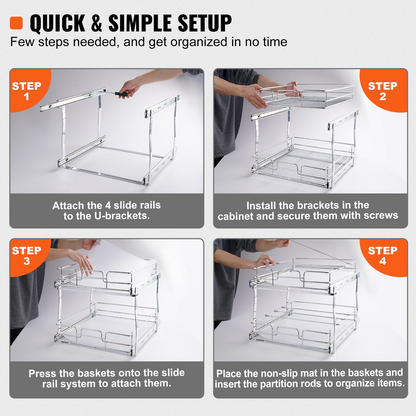 Start2Finish VEVOR 2-tier steel pull-out cabinet organizer with heavy-duty sliding shelves for pantry storage.