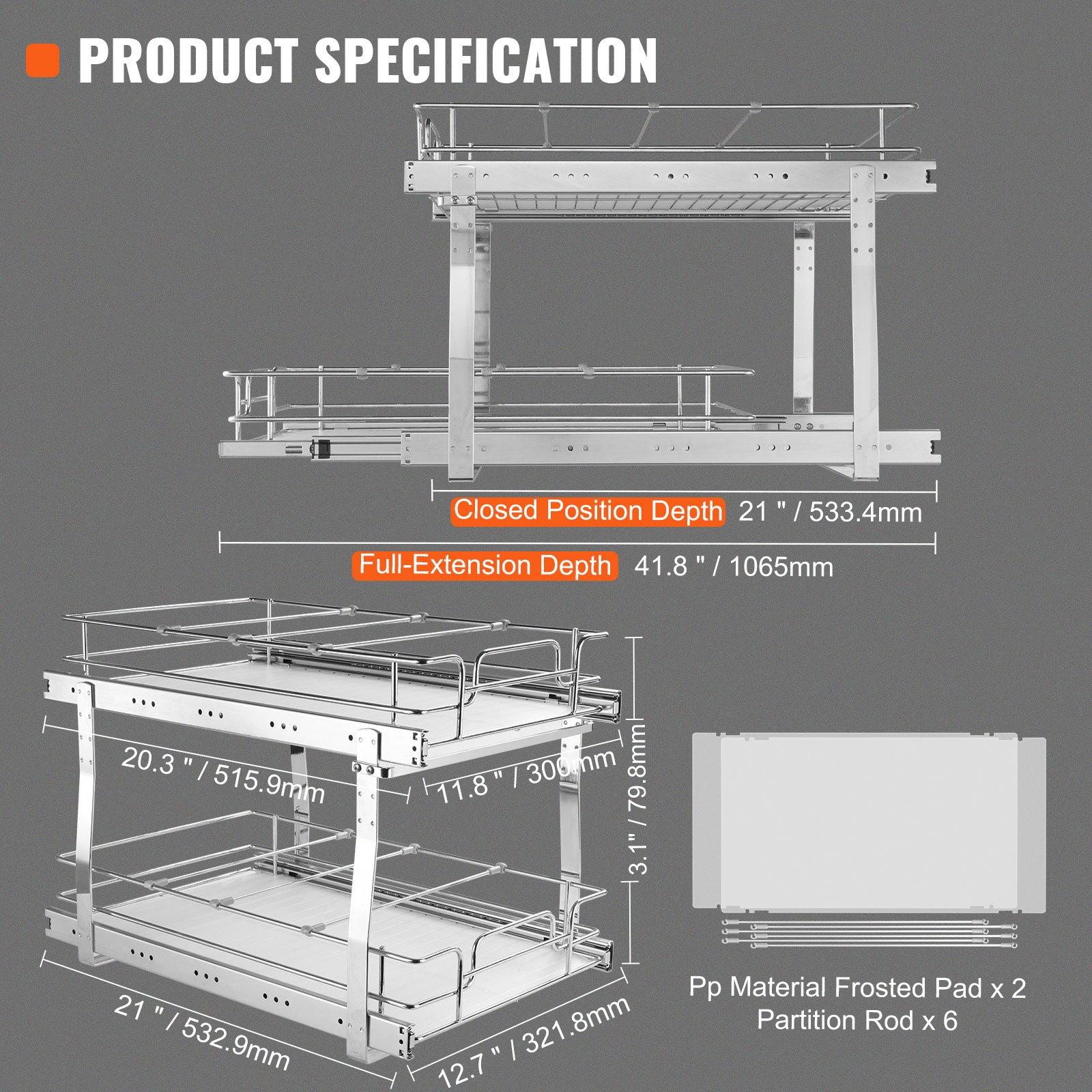 Start2Finish VEVOR 2-tier pull-out cabinet organizer with steel slide-out shelves for pantry storage in a home kitchen.
