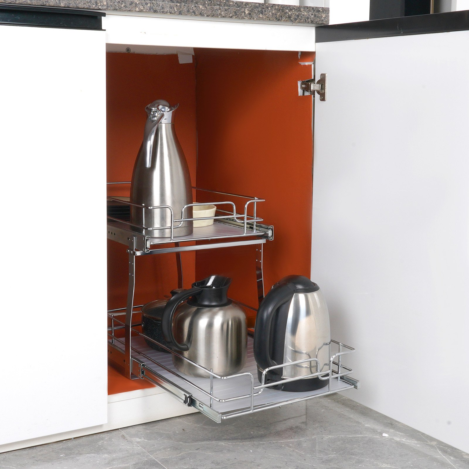 Heavy-duty steel pull-out cabinet organizer with two tiers, sliding drawers, ideal for pantry or kitchen storage.