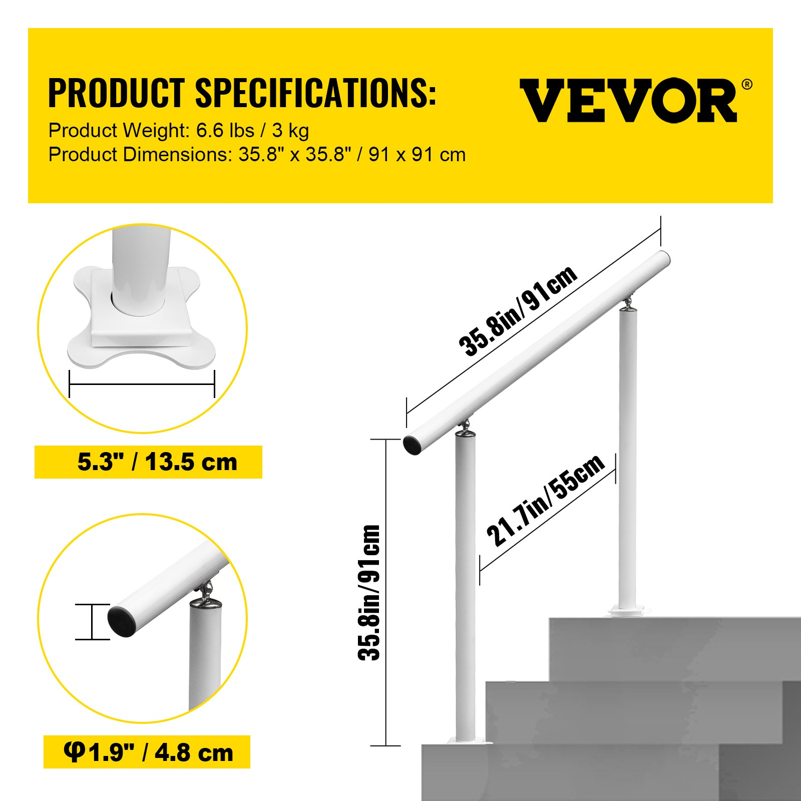 White aluminum outdoor stair railing kit with adjustable angle handrail for 2-3 steps, ideal for elderly safety, by Start2Finish.