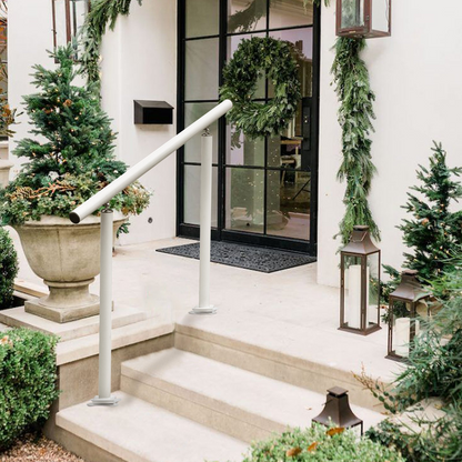 White aluminum outdoor stair railing kit with 3 ft handrails, adjustable angle for 2-3 step stairs, ideal for elderly safety.