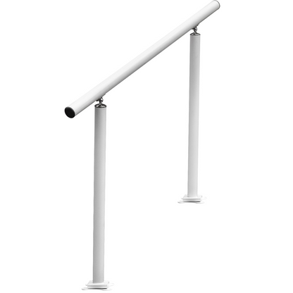 White aluminum outdoor stair railing kit by Start2Finish, 3 ft handrails for 2-3 steps, adjustable angle for elderly safety.