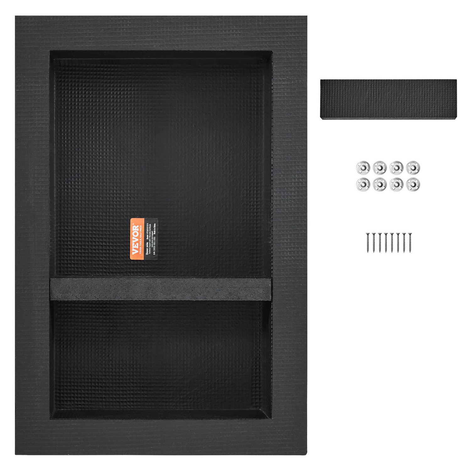 Black VEVOR shower niche with double shelves, recessed wall-inserted design, modern square corners, suitable for bathroom soap storage.