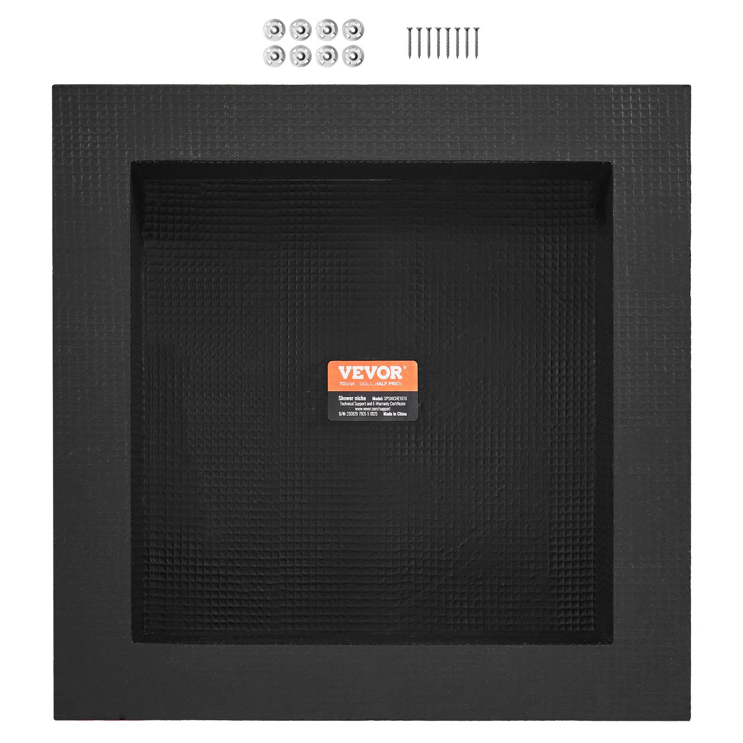 Square black VEVOR shower niche with single shelf for soap and toiletries, recessed wall-inserted bath storage with sealed edges.