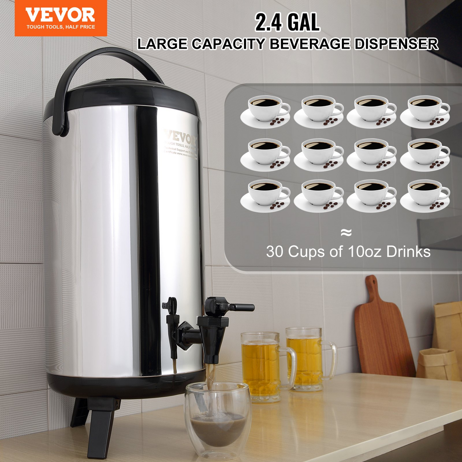 Start2Finish VEVOR stainless steel insulated beverage dispenser with spigot, 2.4 gallons, ideal for hot and cold drinks in restaurants.