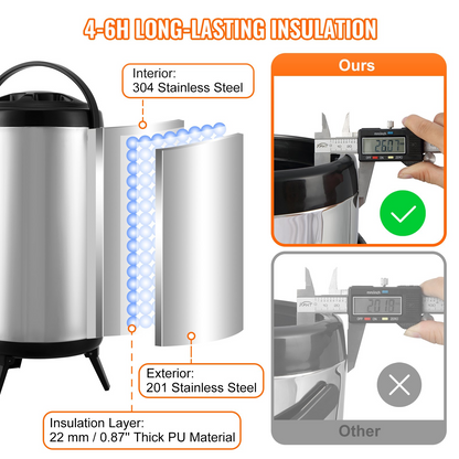 Start2Finish VEVOR stainless steel insulated beverage dispenser with spigot, 2.4 gallons, perfect for hot or cold drinks.