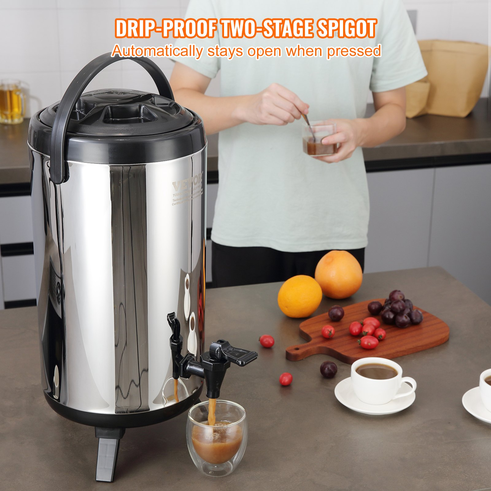 Start2Finish VEVOR stainless steel insulated beverage dispenser with spigot, 2.4 gallons, for hot and cold drinks in restaurants or cafes.