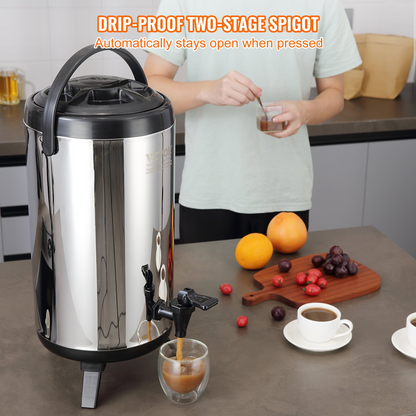 Start2Finish VEVOR stainless steel insulated beverage dispenser with spigot, 2.4 gallons, for hot and cold drinks in restaurants or cafes.