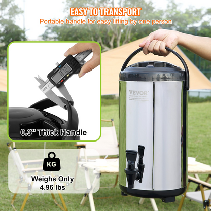 Start2Finish VEVOR stainless steel insulated beverage dispenser with spigot, 2.4 gallons, perfect for hot or cold drinks.