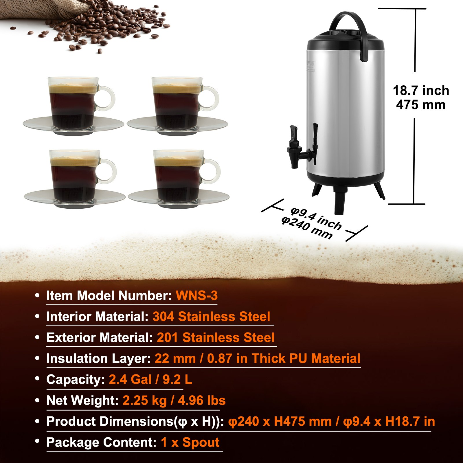 Start2Finish VEVOR stainless steel insulated beverage dispenser with spigot, 2.4 gallons, for hot and cold drinks.