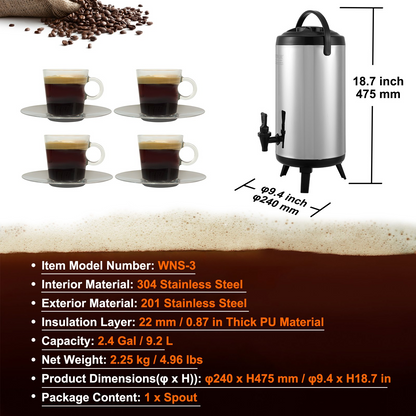 Start2Finish VEVOR stainless steel insulated beverage dispenser with spigot, 2.4 gallons, for hot and cold drinks.