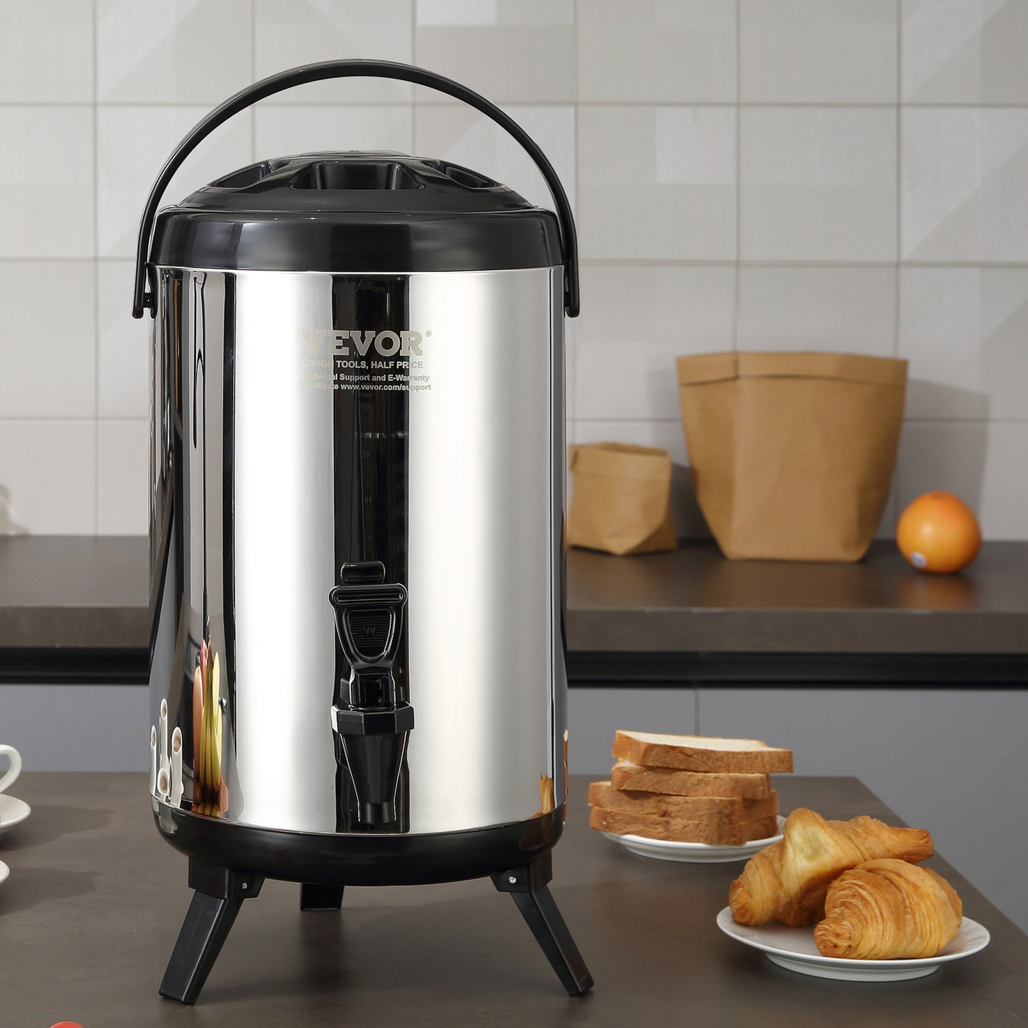 Start2Finish VEVOR stainless steel insulated beverage dispenser with spigot, 2.4 gallons, hot and cold drink server for restaurants.