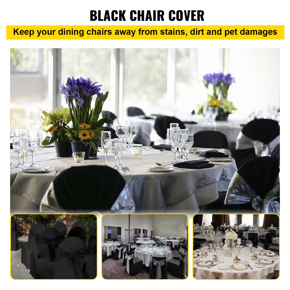 Black VEVOR stretch spandex folding chair covers with arched front, washable and fitted for weddings, parties, and events.