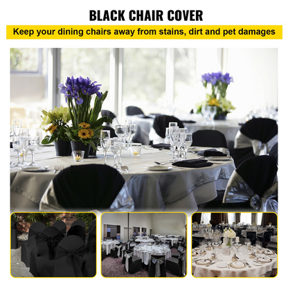 Black VEVOR stretch spandex folding chair covers with arched front, washable and fitted for weddings, parties, and events.