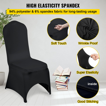 Black VEVOR Stretch Spandex folding chair covers by Start2Finish, fitted arched front, washable, for weddings, parties, and events.